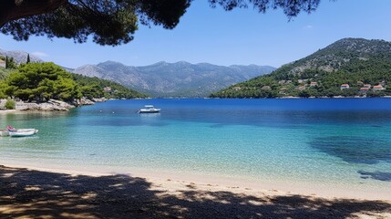 Obraz premium A peaceful bay with crystal-clear water and gentle waves, open sky providing space for text.
