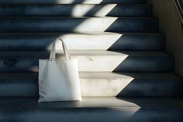 Minimalist still life of a reusable canvas tote bag on concrete stairs, emphasizing sustainability and clean design with strong shadows and bright sunlight in an urban setting