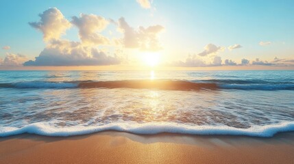 Fototapeta premium A peaceful morning ocean with golden sunlight reflecting on the surface, soft waves forming ripples.