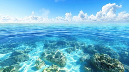 Fototapeta premium A peaceful ocean scene with a crystal-clear sky above, the calm water creating a meditative atmosphere.