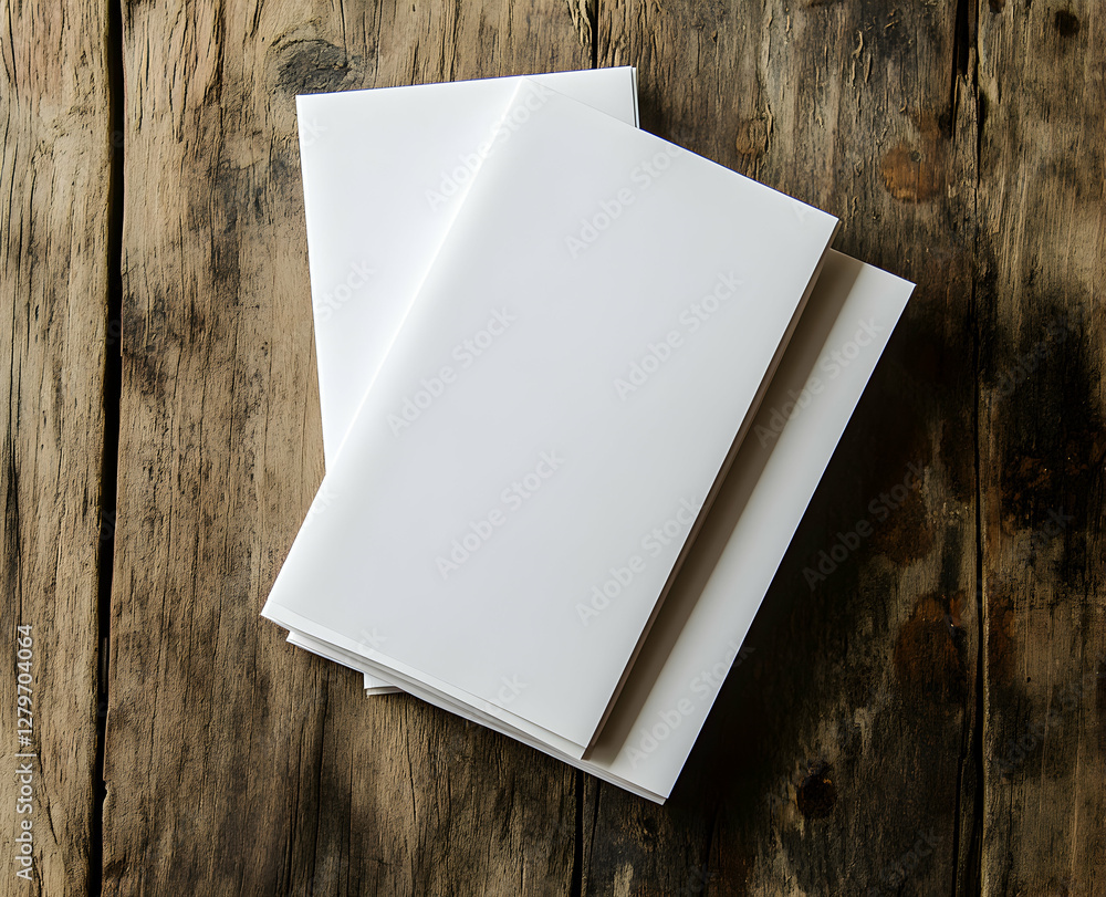 Poster overhead view of blank white brochures or documents stacked on rustic wood surface ideal for present