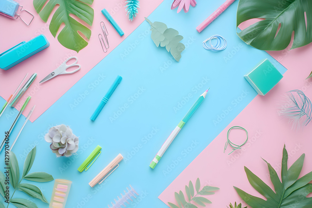 Poster Pastel Perfection, A Harmonious Blend of Stationery and Botanical Elements Creating a Visually Appealing Composition with Balanced Aesthetics and Soft Hues