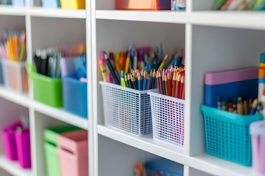 Organized colorful school supplies in white shelves, featuring pencils, markers, and various storage containers creating a vibrant educational environment, ideal for creative learning