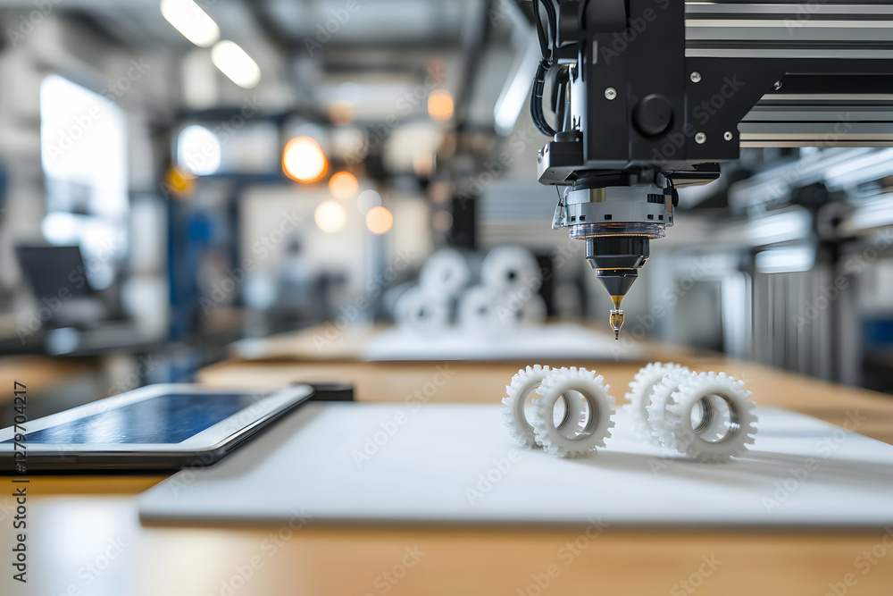 Poster precision manufacturing, 3d printing machine creating intricate gear components in a modern industri