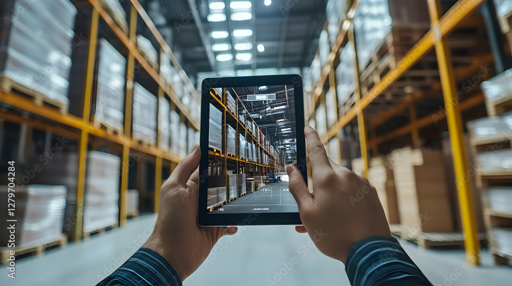 Poster revolutionizing warehouse operations, utilizing tablet technology for efficient inventory management