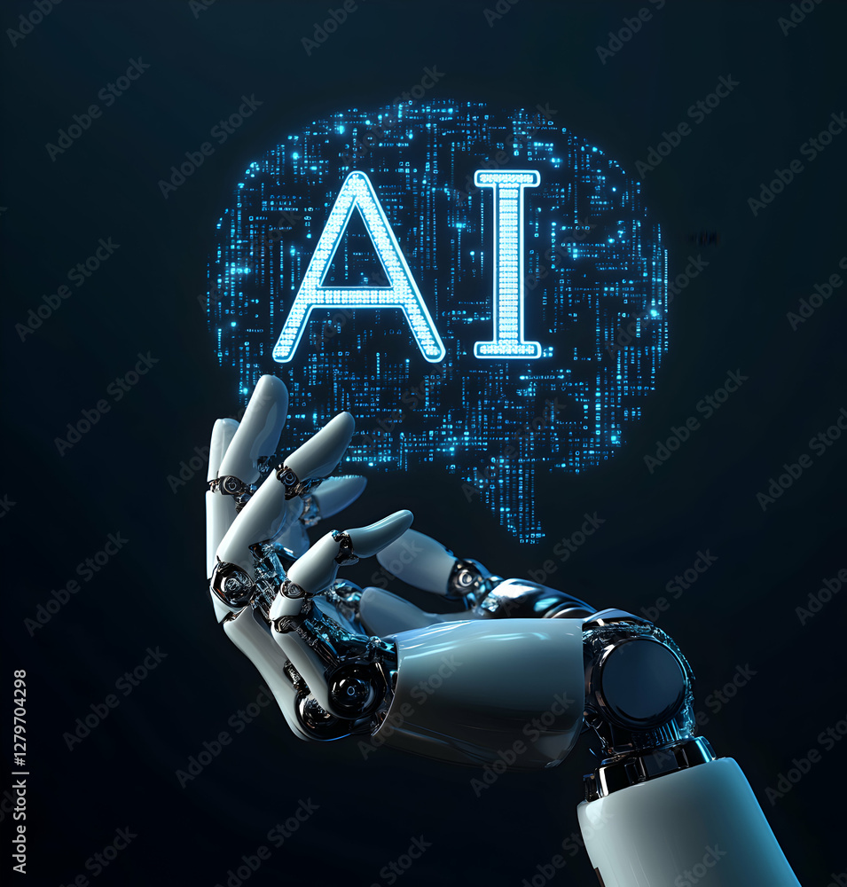 Poster robotic hand presenting an ai-generated speech bubble on a dark background, showcasing the potential