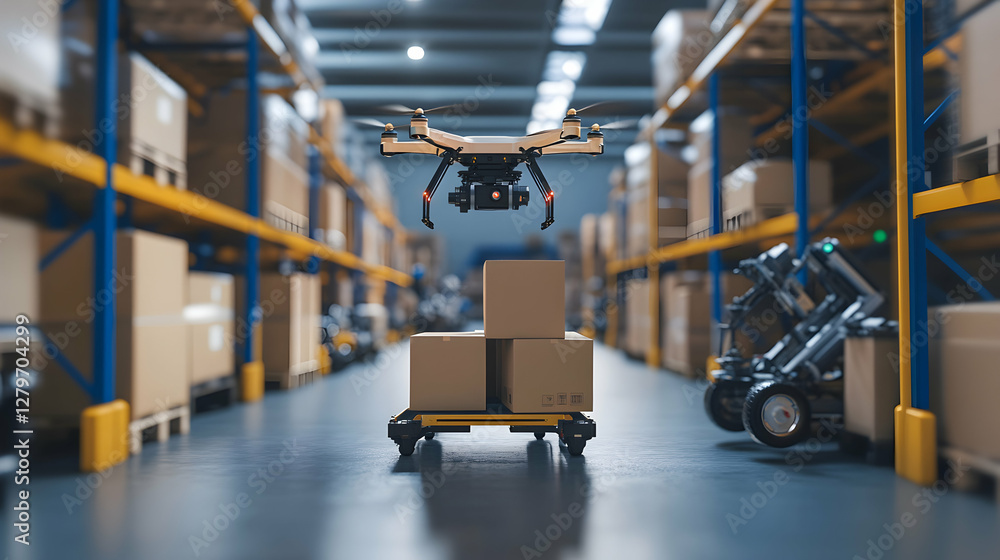 Poster revolutionizing warehouse operations, drone and autonomous robot teamwork optimizing efficiency and 