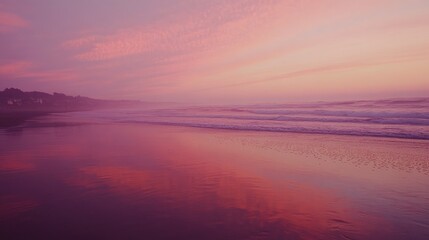 Fototapeta premium A peaceful sunrise at the beach, warm pink and orange tones reflecting in the shallow water.