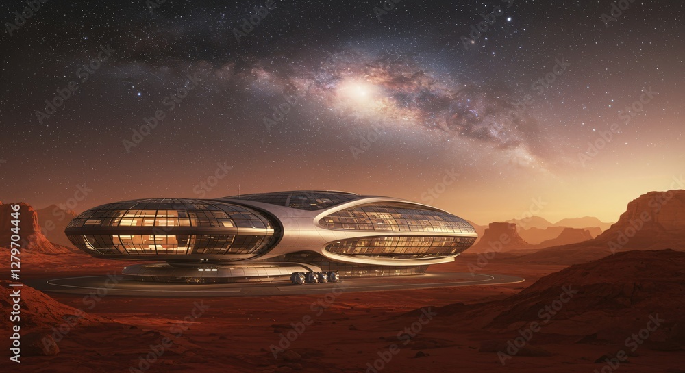 Poster futuristic space colony architecture on mars surface with milky way galaxy view. science fiction con