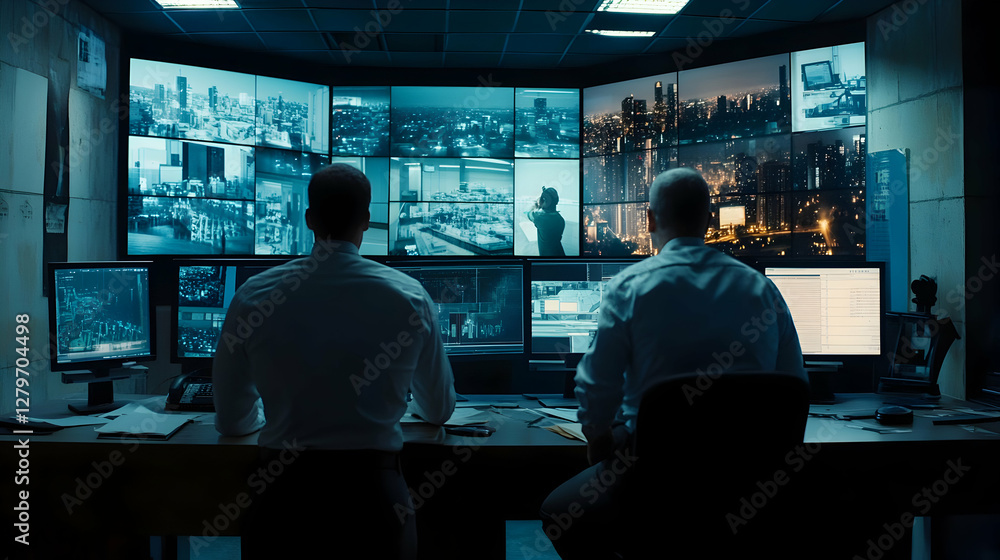 Poster security control room with operators monitoring cctv footage on multiple screens, ensuring public sa