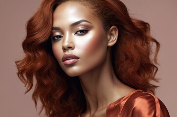 Naklejka premium Beautiful confident photo model showcases vibrant makeup against a pastel color background in a studio setting, people and skincare, fashion theme concept. 
