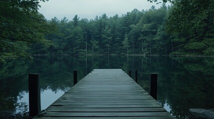 Obraz premium A peaceful wooden dock extending into a forest lake, still water reflecting green trees.