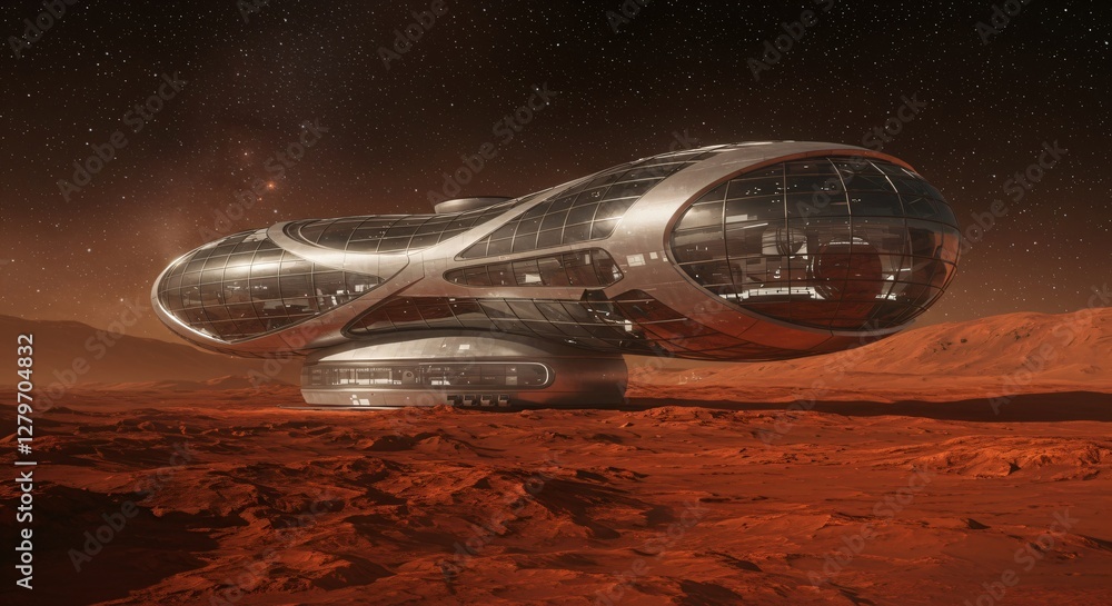 Poster futuristic spaceship hovering over red mars surface with dusty atmosphere and stars. science fiction