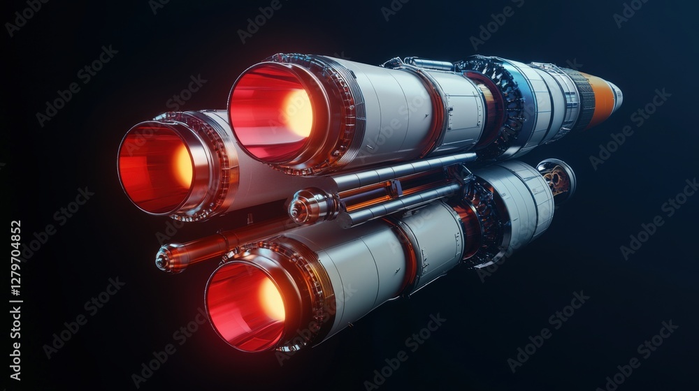 Poster futuristic rocket engines igniting in a dark space setting, showcasing advanced technology and desig