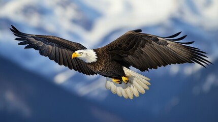 Naklejka premium Bald eagle in flight over snowy mountains. Possible use Stock photo for nature, wildlife, or travel