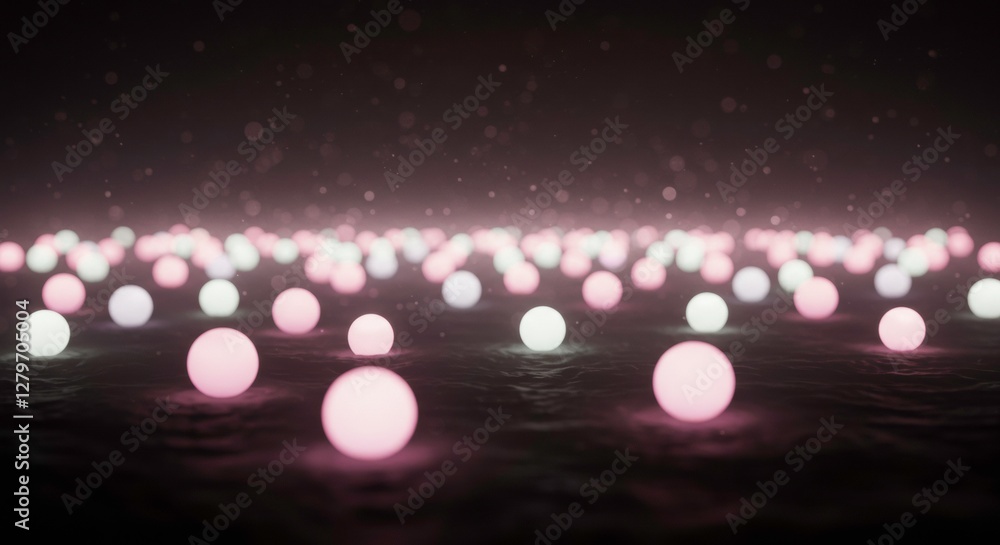 Poster glowing spheres in the void: a mesmerizing visual of countless, softly glowing spheres illuminating 