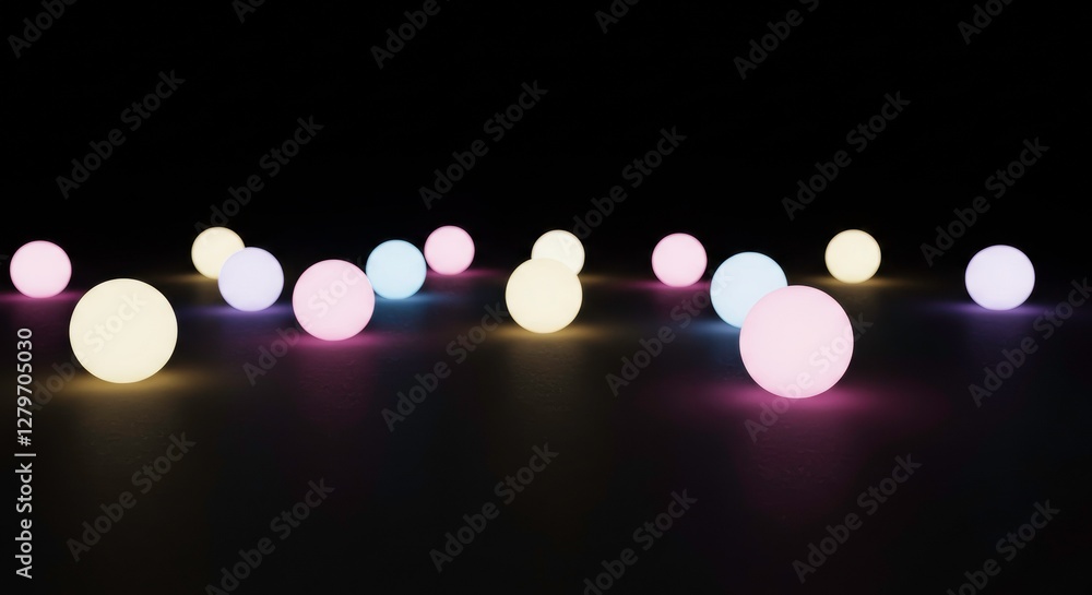 Poster illuminated spheres: a mesmerizing display of glowing spheres in various soft colors, casting a warm