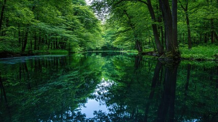 Fototapeta premium A quiet forest lake with lush green trees reflecting on the water, creating a calm open composition.