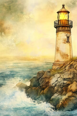 Obraz premium A peaceful and nostalgic watercolor painting of an old lighthouse standing on a rocky coastline, its warm light casting a golden glow on the surrounding ocean waves.