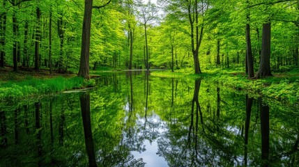 A quiet forest lake with lush green trees reflecting on the water, creating a calm open composition.