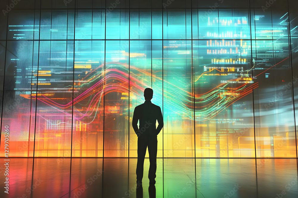 Poster visionary leader contemplating data analytics and future strategies in a modern office environment w