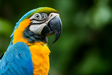 Fototapeta premium Vibrant Portrait of a Blue and Gold Macaw in Lush Greenery, Capturing the Exotic Beauty and Intricate Details of this Stunning Tropical Bird