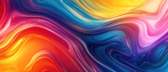 An Abstract rainbow fluid simulation creates swirling patterns with vibrant colors and smooth textures, evoking sense of movement
