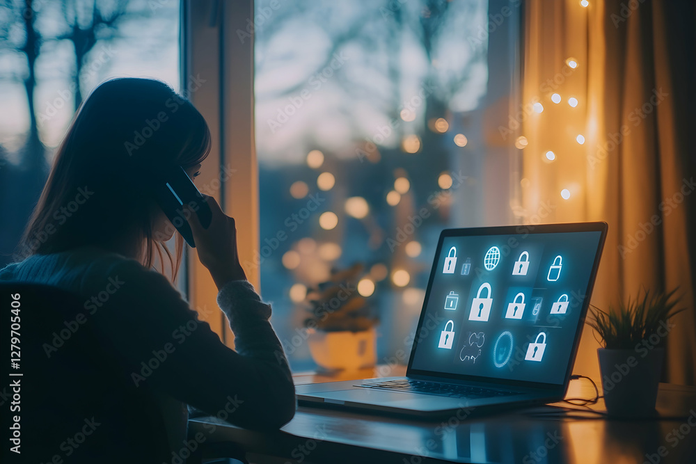 Poster woman discussing cyber security over the phone, laptop displaying encryption icons, offering visuals