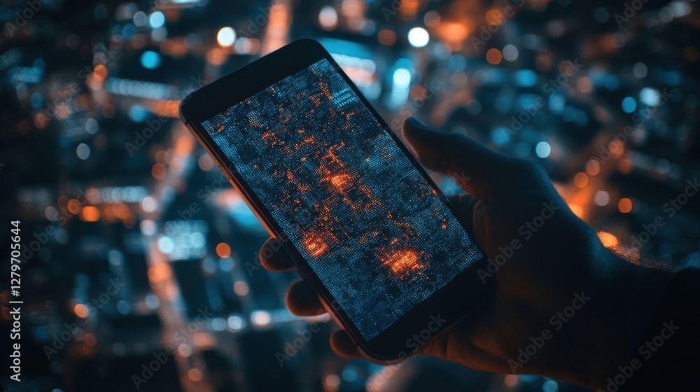 Aufkleber hand holding mobile phone displaying futuristic encrypted data with glowing dots and blurred night c