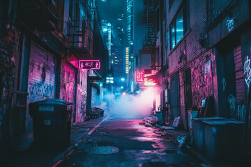 Naklejka premium A dystopian cyberpunk alleyway, with flickering neon lights, cybernetic graffiti tags, and a thick haze of fog creeping between the buildings.