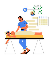 Female Massage Therapist Giving A Relaxing Massage To A Client In Flat Vector Illustration Symbolizing Spa Therapy, Self Care, And Wellbeing, Isolated On White Background.