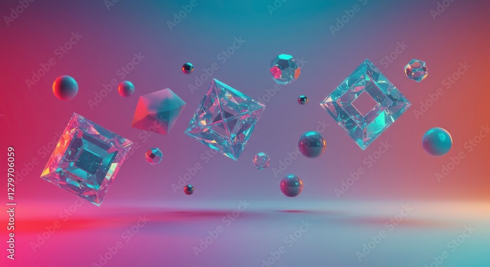 Poster floating geometric forms: captivating abstract composition features a cluster of shimmering, translu