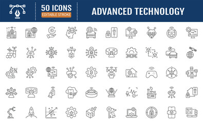 Advanced technology line editable icon set. Containing
ai, robotic, machine learning, quantum computing, ar, iot,
blockchain, cryptocurrency and more. Vector illustration