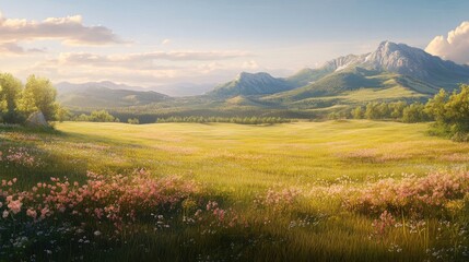 Obraz premium A scenic field with swaying tall grass, soft wind making waves across the landscape.