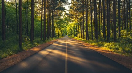Obraz premium A scenic forest road cutting through tall trees, bright sunlight, and a wide open sky.