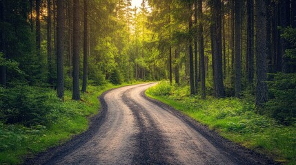 Fototapeta premium A scenic forest road cutting through tall trees, bright sunlight, and a wide open sky.