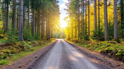 Fototapeta premium A scenic forest road cutting through tall trees, bright sunlight, and a wide open sky.