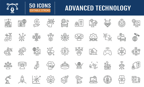 Advanced technology line editable icon set. Containing
ai, robotic, machine learning, quantum computing, ar, iot,
blockchain, cryptocurrency and more. Vector illustration