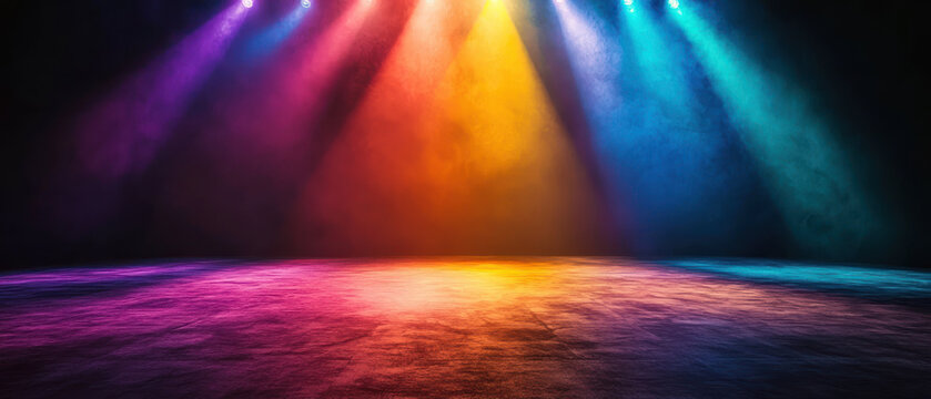 A vibrant rainbow spotlight illuminates stage, creating dynamic atmosphere
