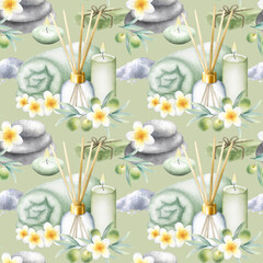 Olive soap aleppo, sea salt, towel, candles, aroma diffuser, stack pebbles, frangipani flowers and olive branches. Hand drawn watercolor seamless pattern on light olive color for spa salon design.