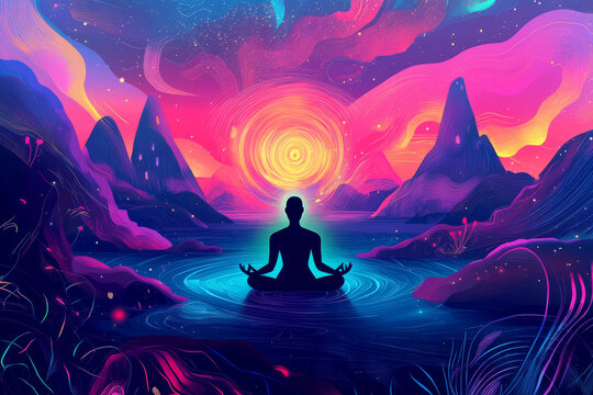 A futuristic, neon style illustration of a glowing silhouette meditating in a cosmic landscape, symbolizing deep self awareness.