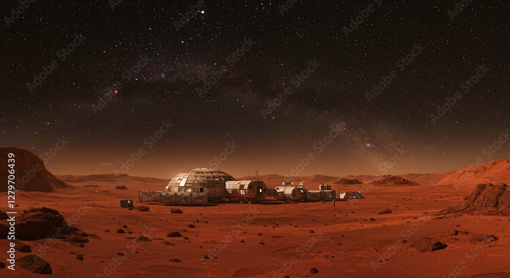 Poster mars colony base with illuminated dome structures in red desert landscape at night. space settlement