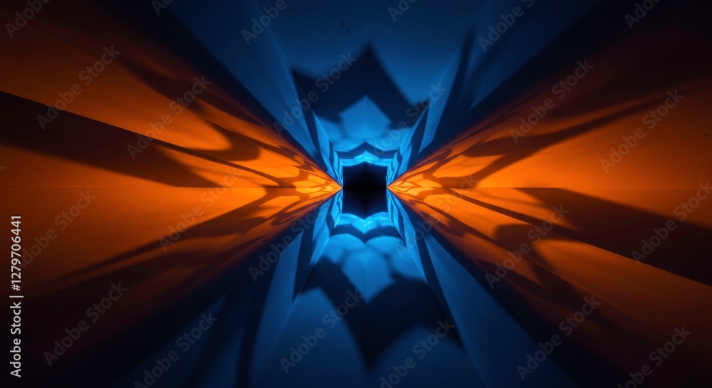 Poster geometric abstraction: a symmetrical composition of striking orange and blue hues, creating an abstr
