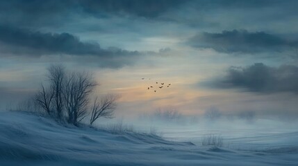 Fototapeta premium A serene winter sunrise, misty air and softly falling snow creating a peaceful morning scene.
