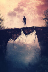 Fototapeta premium A poetic and hopeful illustration of a person walking across a broken bridge that repairs itself as they step forward, symbolizing healing, trust, and new beginnings.