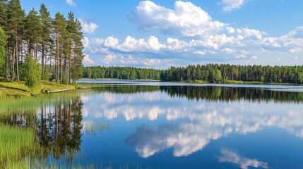Fototapeta premium A shallow lake with small islands covered in pine trees, soft reflections and spacious sky.