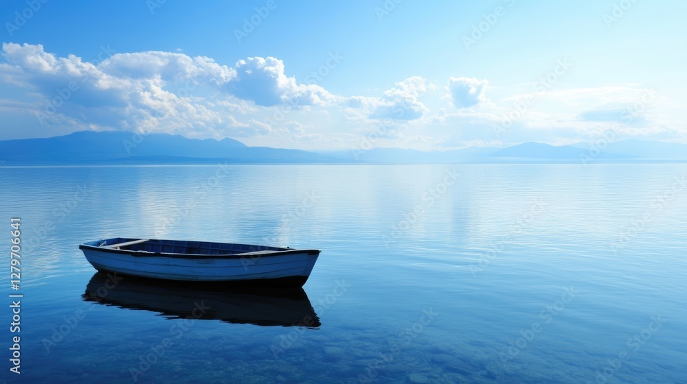 Poster a small boat floating in the middle of a vast calm lake, open water creating space for copy.