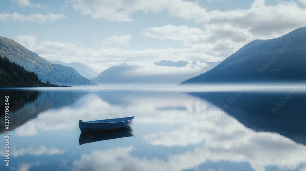 Poster a small boat floating in the middle of a vast calm lake, open water creating space for copy.