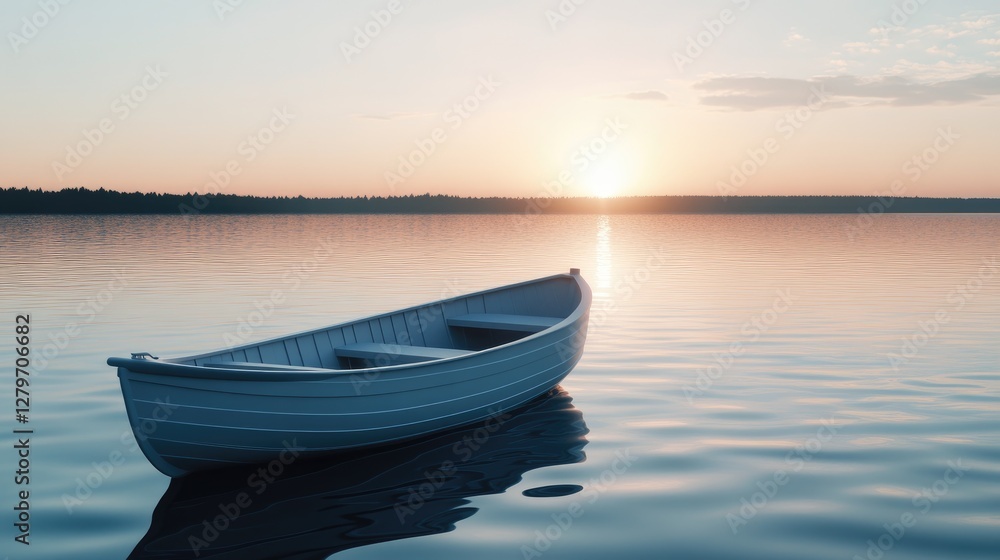 Poster a small boat floating in the middle of a vast calm lake, open water creating space for copy.