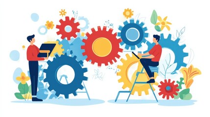 Two workers collaborating on a colorful gear mechanism amidst a vibrant floral backdrop